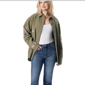 Jessica Simpson Embellished Embroidered Olive Green Patchwork Denim Jacket 1X